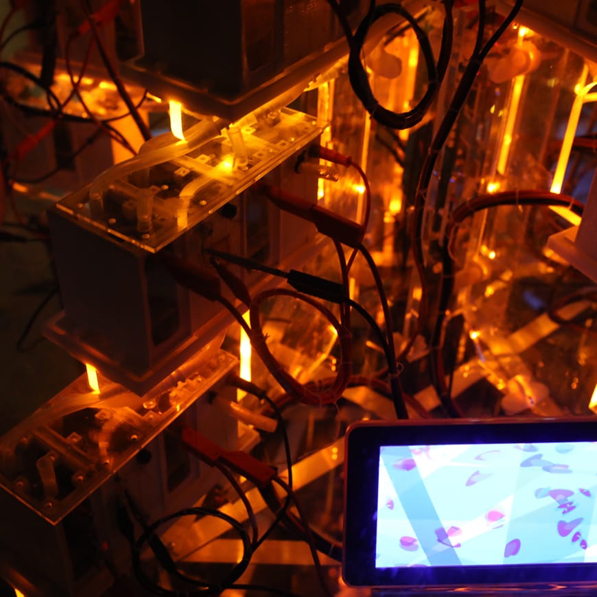 Close-up of electronics and LEDs and screen showing animation