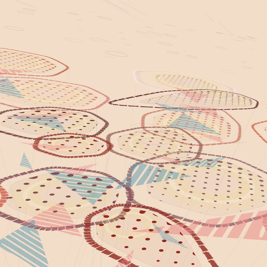 Digital animation still with coloured shapes and lines on a pale background