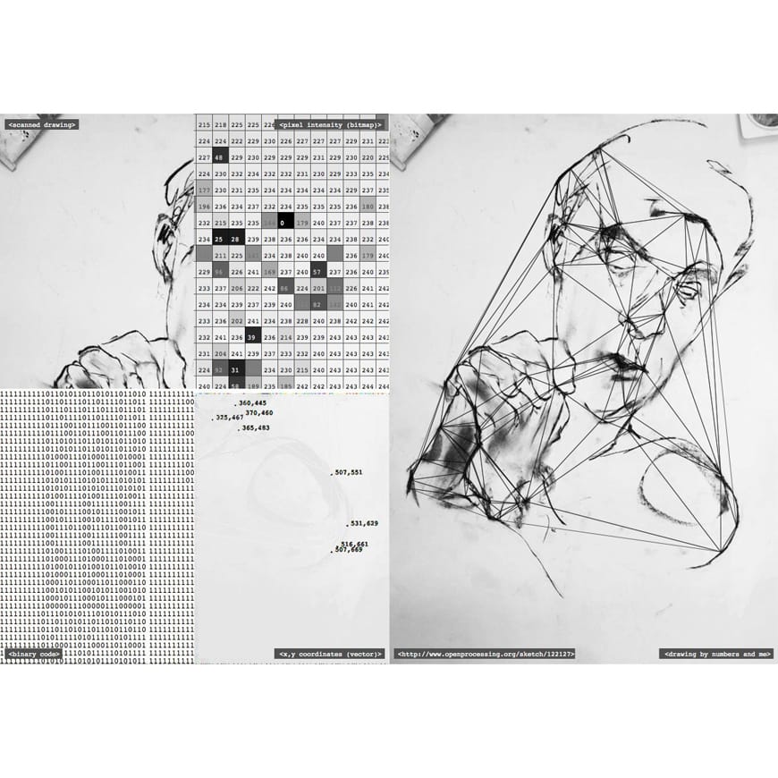 Combined view of charcoal drawing, binary and coordinates