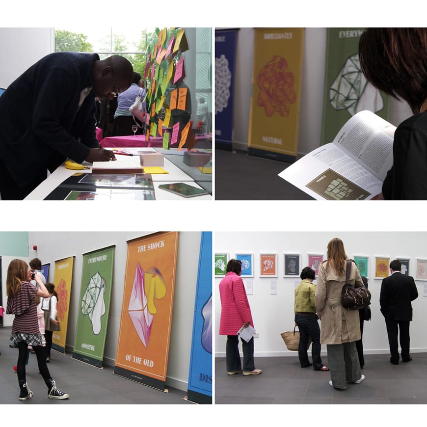 Grid of 4 photos showing visitors looking at prints, posters and publication
