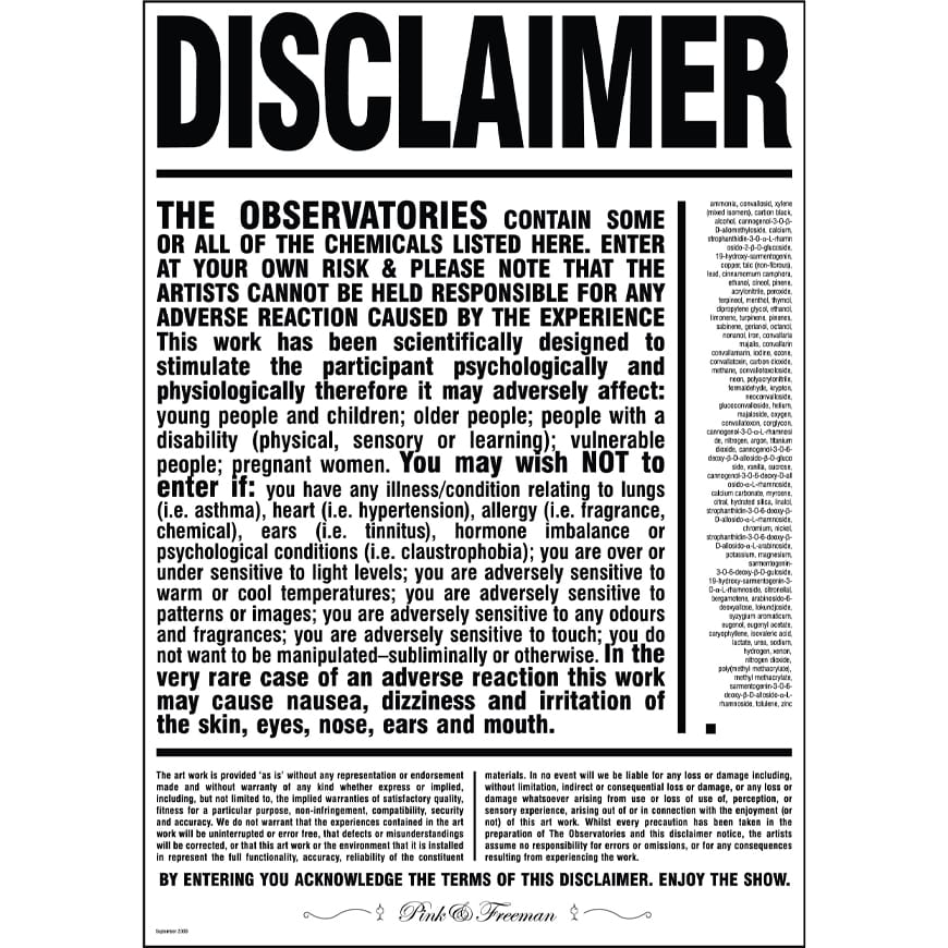 Black text on white background, disclaimer relating to chemicals used in The Observatories