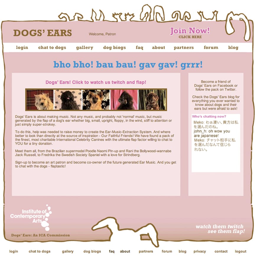 Website homepage with pink background and dog photos